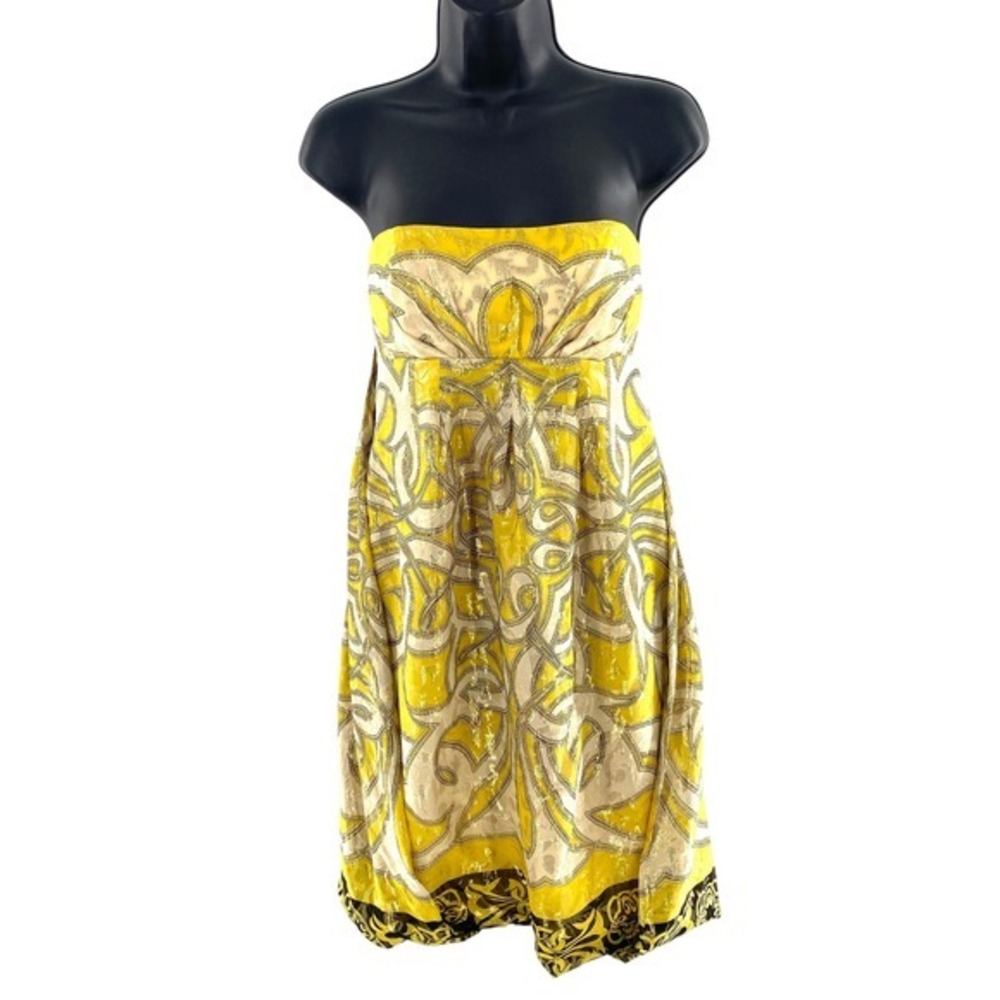 Nicole Miller Yellow Gold Print Silk Blend Strapless‎ Cocktail Dress Womens Sz 6